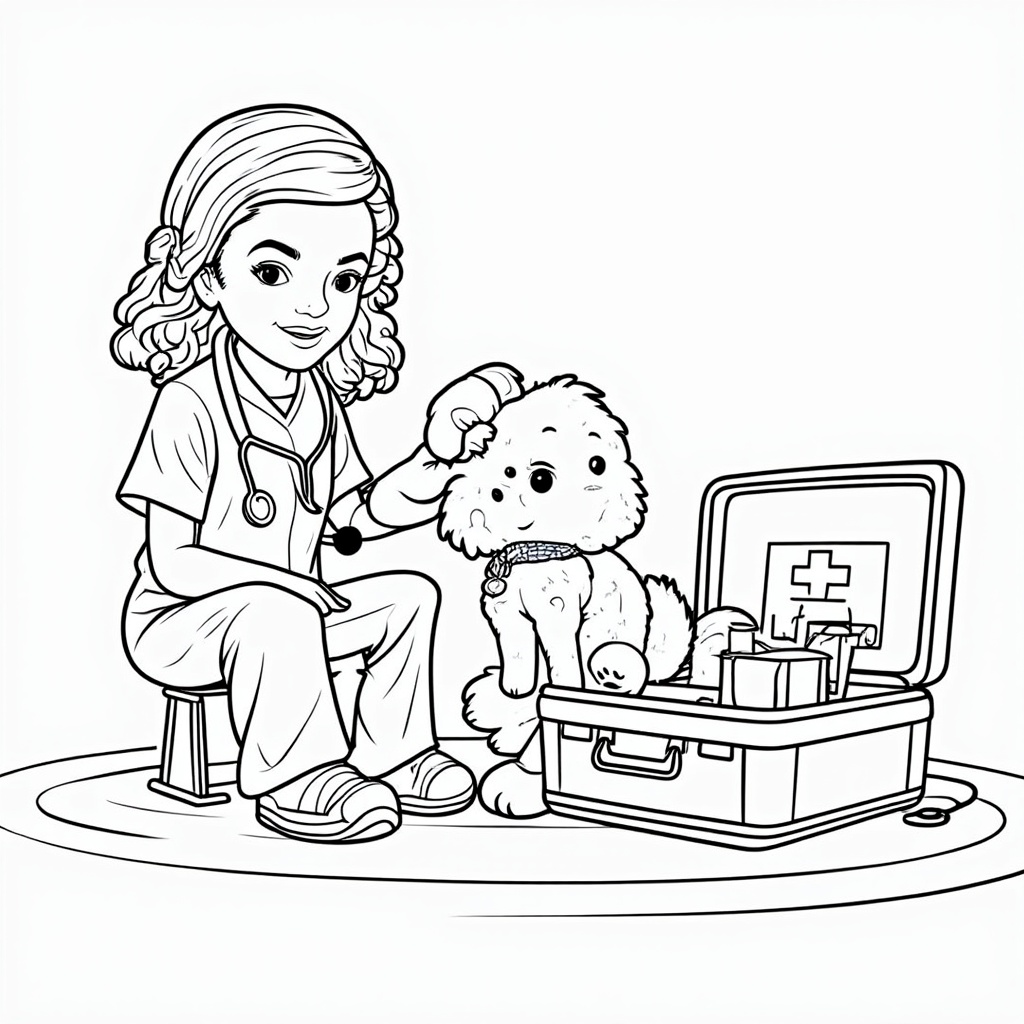 Image of a child nurse with a stethoscope (toy) around their neck, checking the heartbeat of a doll or stuffed animal, with the first aid kit open beside them.