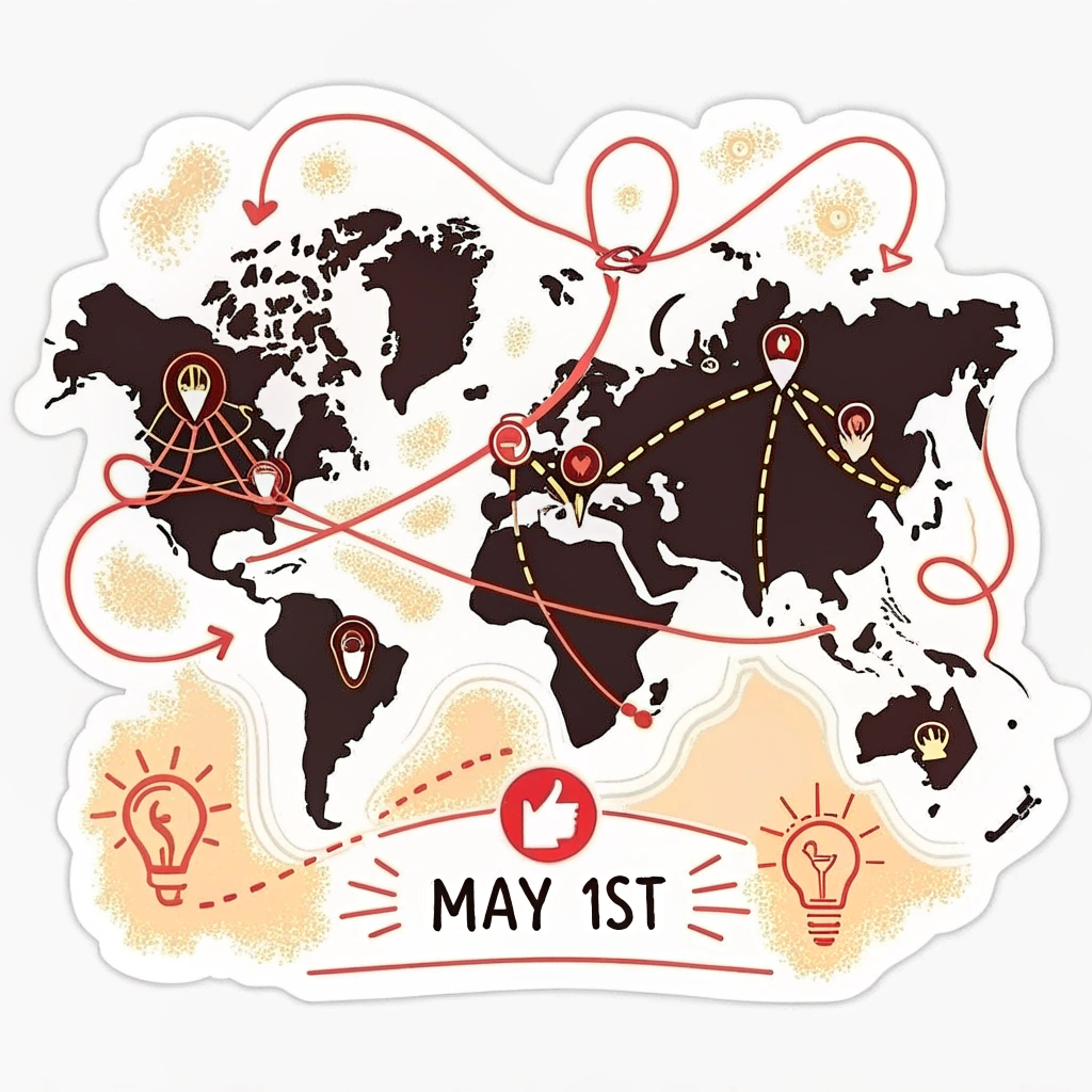 A sticker design showing a simplified world map where continents are connected by glowing lines or handshakes. The date 'May 1st' prominently displayed. Consider a vintage protest poster aesthetic.