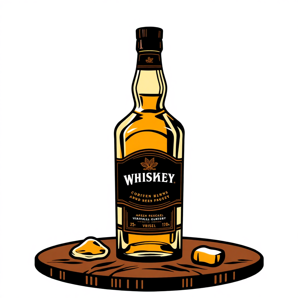 The image is an illustration of a bottle of whiskey. The bottle is made of glass and has a black cap. The label on the bottle is gold and has the word WHISKEY written in bold letters. Below the label, there is a small illustration of two ice cubes. The background is white. The overall design is simple and cartoon-like.