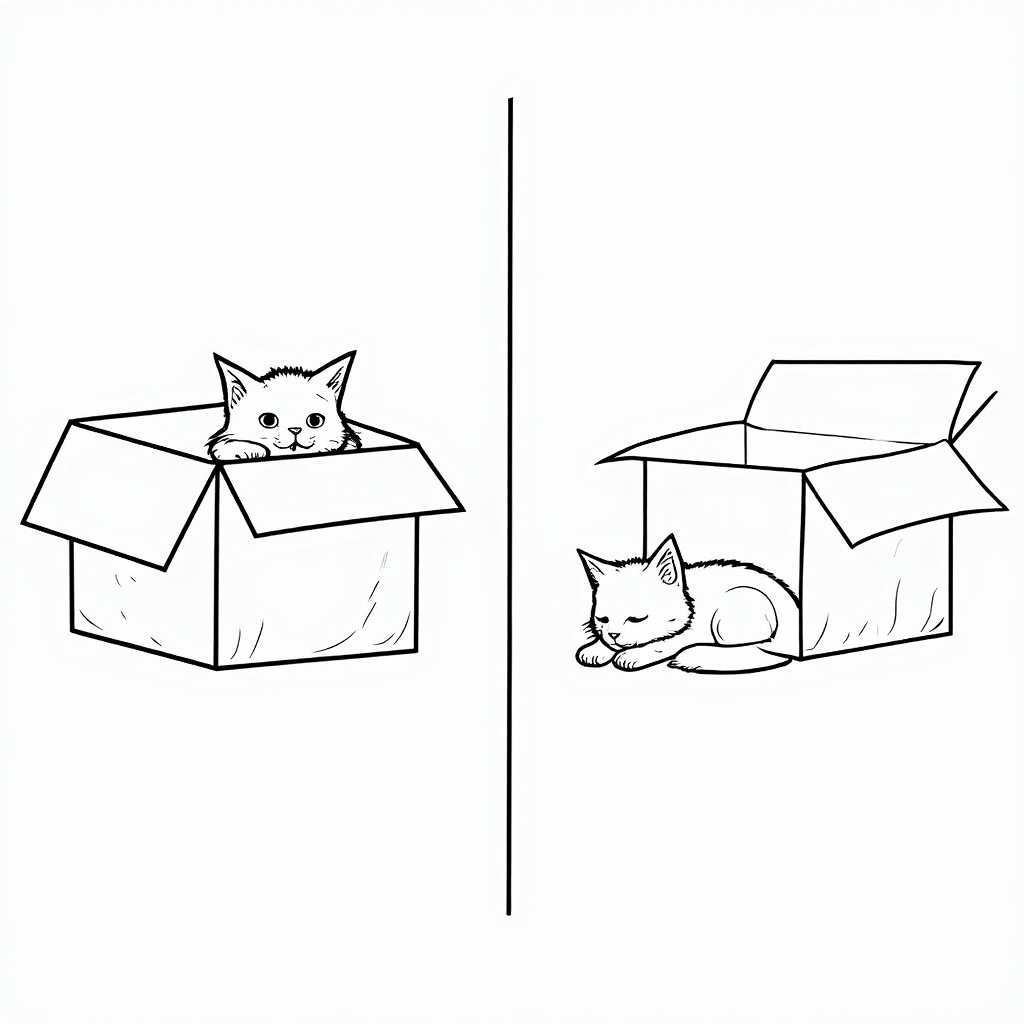 A 'split-image' page: one half shows the box closed with a living, curious cat peering out from behind it. The other half shows the box slightly ajar, revealing a stylized, ghostly outline of the cat, representing the 'uncertain' state before observation, or alternatively, the cat peacefully sleeping (symbolizing the decayed state).