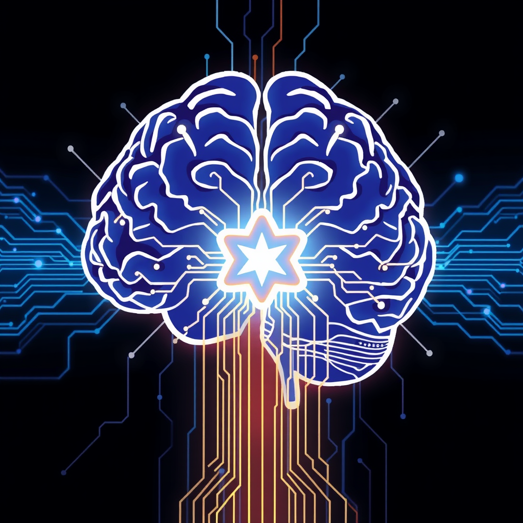 Sub-Design Idea 1 (Intertwined Pathways): Visualize a stylized human brain with neural pathways. These pathways seamlessly transition into or intertwine with digital circuit lines or data streams, culminating in a central point of light or a newly formed abstract shape, symbolizing the generated output.