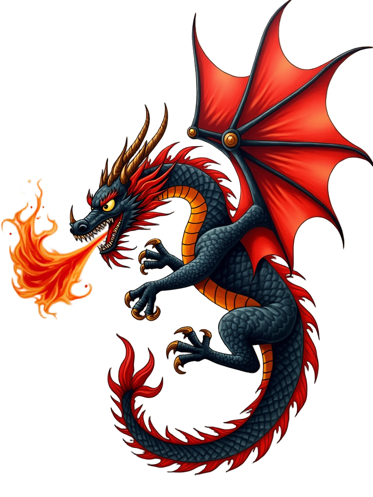 A fierce dragon tattoo, mid-flight, dominates a chest piece, with its powerful wings outstretched and fire erupting from its maw, in shades of red and black.