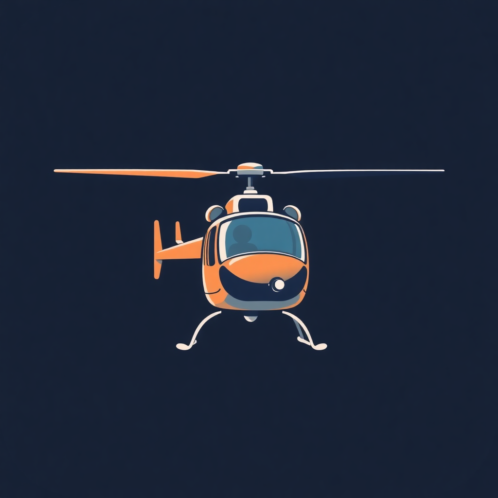 The image is a digital illustration of a helicopter. The helicopter is orange in color and has a sleek design. It has a pointed nose and two propellers on either side. The body of the helicopter is white and the windows are black. The background is dark blue, making the helicopter stand out. The image has a simple and cartoon-like style.