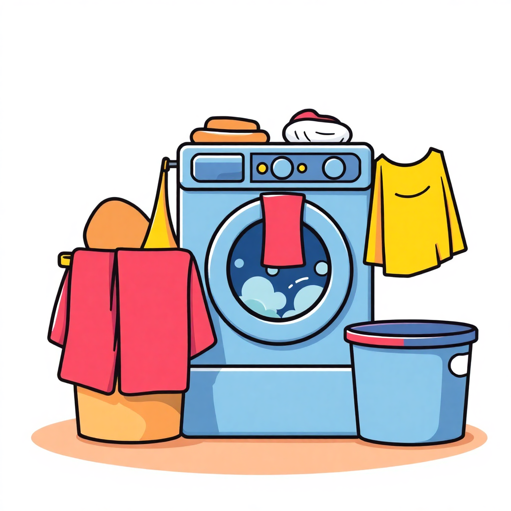 The image shows a cartoon washing machine with clothes hanging out to dry and a bucket beside it. The clothes are brightly colored and the bucket is a light blue color.