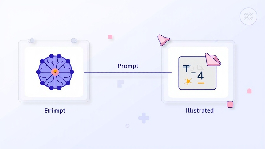 An infographic design visually detailing the workflow: a 'prompt' input field, leading to an 'AI processing' graphic (e.g., stylized brain/network), culminating in an 'illustrated picture' output. Emphasize clarity and flow from prompt to picture.