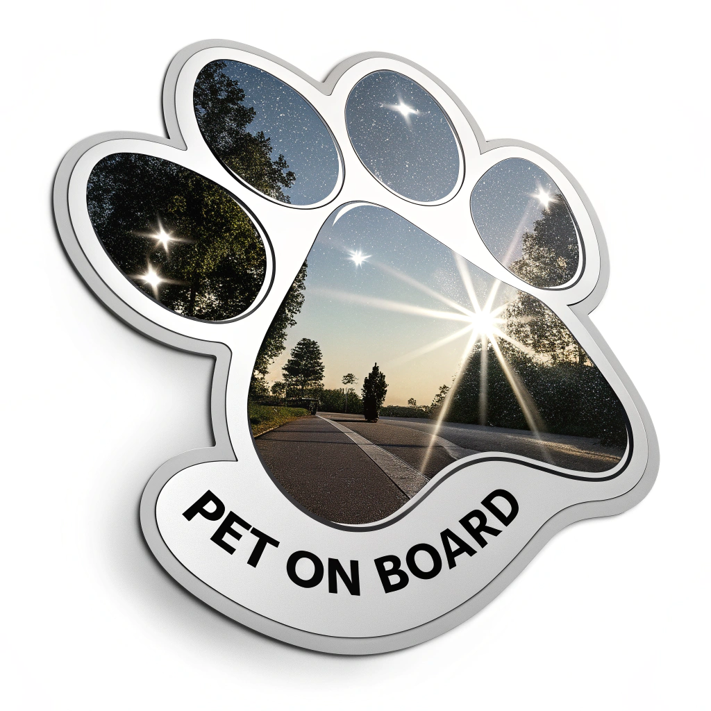 Reflective Paw Print: A paw print design that reflects light, indicating 'pet on board'.