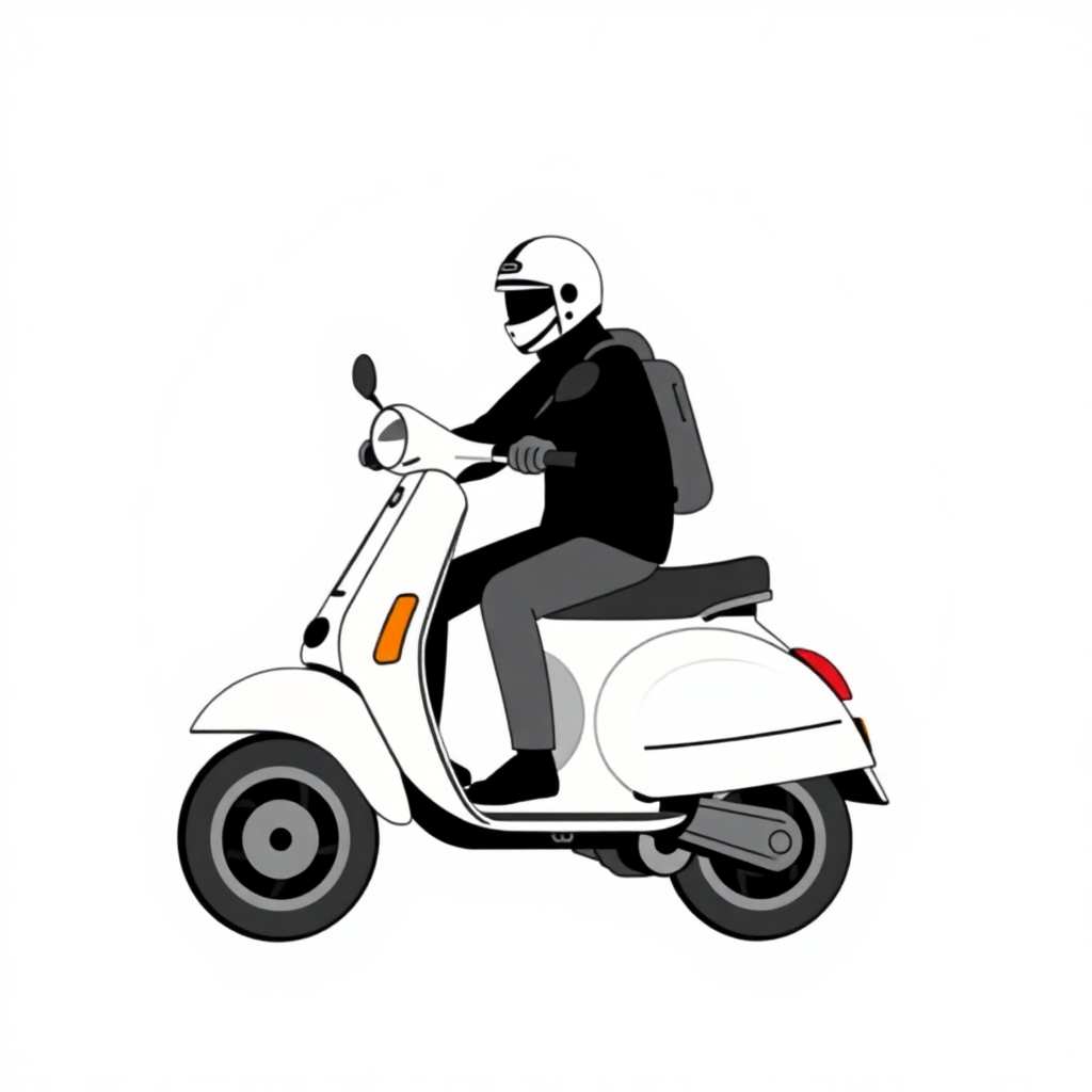 The image is a black and white illustration of a person riding a scooter. The person is wearing a helmet and a backpack, and is sitting on the seat of the scooter with their hands on the handlebars. The scooter is white with a red stripe on the side and a black seat. The background is plain white. The image appears to be a simple line drawing or illustration.