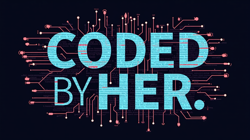 Typographic Power: A design centered on impactful typography. 'CODED BY HER' is in large, bold letters, possibly with a digital glitch effect or letters constructed from code snippets. 'The Future is' sits above or below in a complementary but secondary font. Subtle tech graphics like circuit lines can weave around the text.