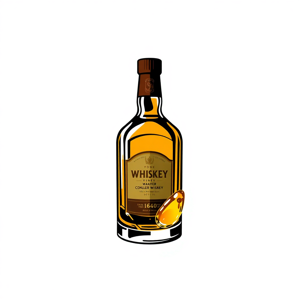 The image is a digital illustration of a bottle of whiskey. The bottle is made of glass and has a cork stopper. The label on the bottle is gold in color and has the word WHISKEY written in bold letters. Below the word, there is a small illustration of an apple. The background is white. The overall design is simple and minimalistic.