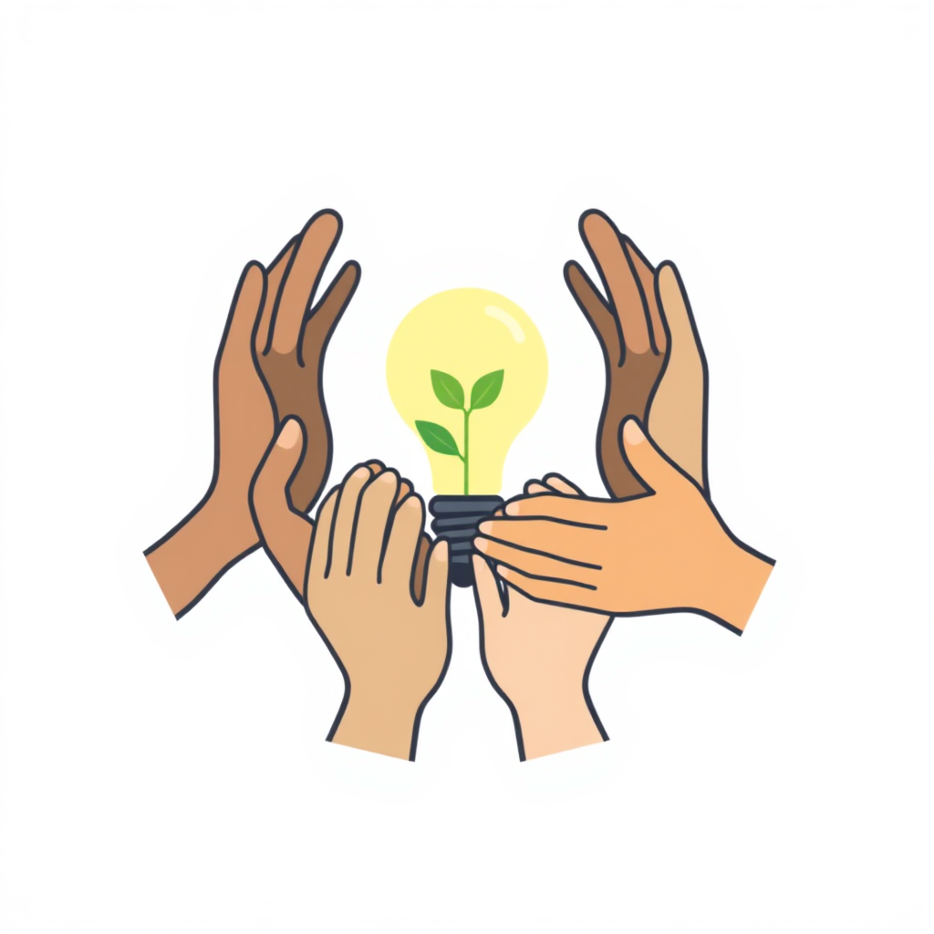 Multiple minimalist hands of diverse representation coming together to gently shape or protect a central element (e.g., a lightbulb, a growing sprout, or an abstract representation of 'community'), highlighting collaborative and caring human-centric design.