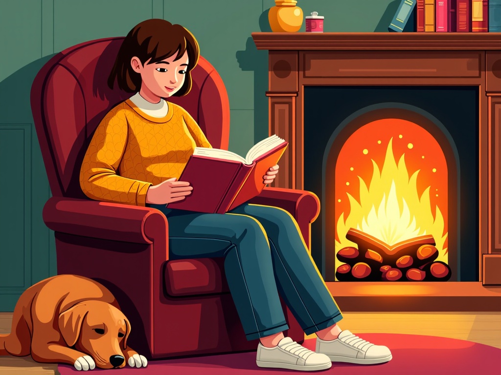 A person nestled in a plush armchair, feet tucked under them, lit by firelight, completely absorbed in a poetry volume. A sleeping pet (cat or dog) rests nearby.