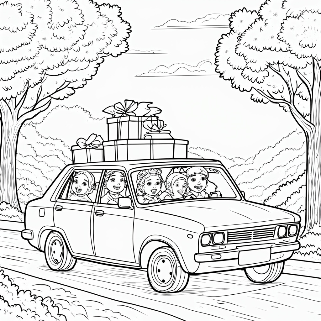 A nostalgic coloring page capturing a family’s Thanksgiving road trip, with a car packed full of gifts, a beautiful autumn landscape passing by, and children playing games in the backseat.