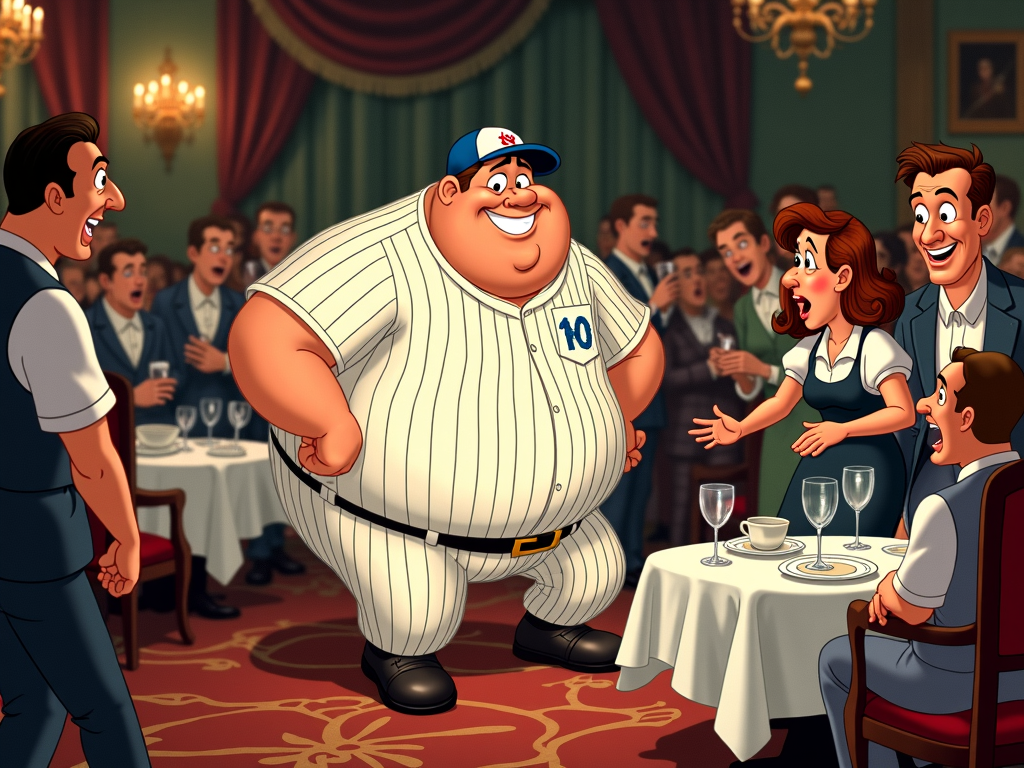 Babe Ruth depicted in a humorous scene trying to navigate a crowded, fancy restaurant with his characteristic boisterous energy, perhaps knocking over a few things in a charmingly clumsy way.