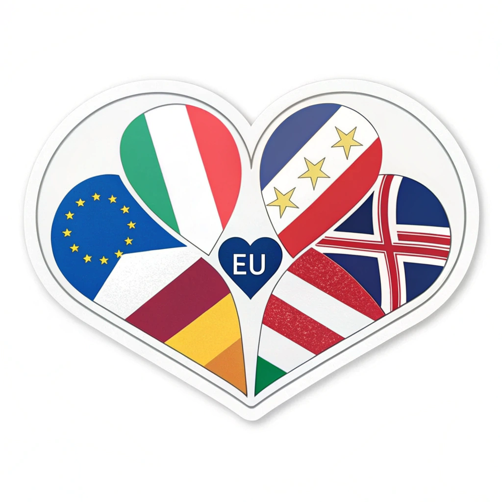 A minimalist sticker with a heart divided into the colors of several European countries' flags, alongside the EU flag and the slogan.