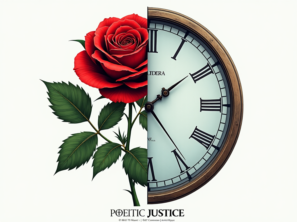 A simple design could be a split graphic: one side features a stylized rose (symbolizing Poetic Justice) and the other side features a stylized, slightly fragmented clock face (symbolizing Broken Clocks), with the artists' names and concert details integrated cleanly.