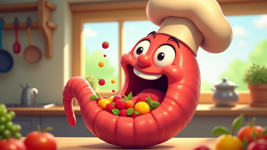 The image shows a cartoon character in a chef's hat holding a bunch of strawberries in his hand. On the table in front of him are a variety of fruits, including tomatoes, grapes, and other vegetables. In the background, there is a kitchen platform with a kettle, pots with plants, and spoons hanging on a wooden rack. There is also a window in the background.