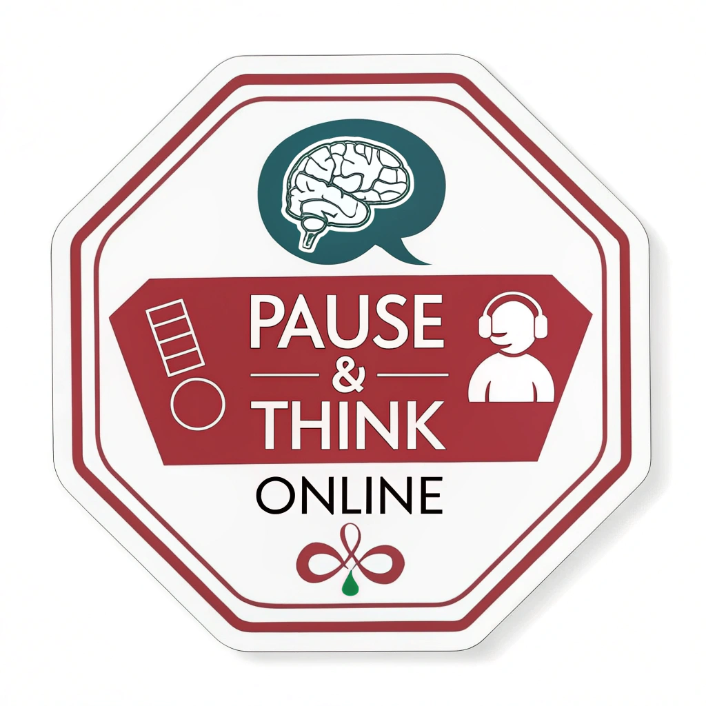 Stop & Think Interaction Sticker: Design featuring a traffic stop sign shape (octagon) combined with a speech bubble. Inside the speech bubble, incorporate a 'pause' symbol or a simple brain icon. The message focuses on encouraging users to pause and think critically before responding or sharing information online. Text: 'Pause & Think Online'.