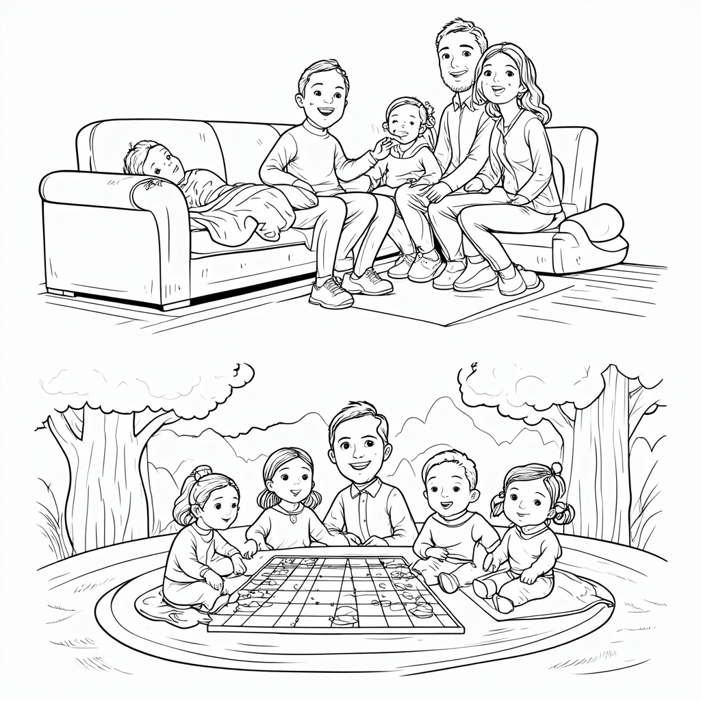 Design Idea 4 (Family Activity Impact): **Before Vaccine:** A family scene where a child is resting on the sofa with a blanket, looking slightly unwell. A board game or picnic basket sits on a table, untouched. Family members look concerned. **After Vaccine:** The same family is actively enjoying the board game or having the picnic outdoors. The child is energetic and participating happily, and everyone is smiling. **Key differences to spot:** child's location and activity level (resting vs. playing), family members' expressions, status of the activity item (untouched vs. in use), overall family mood.