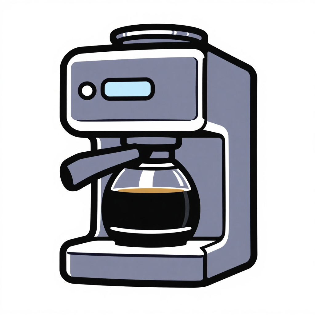 The image is a digital illustration of a coffee machine. It is a modern and sleek design with a silver body and a black base. The top of the machine has a digital display screen and a handle on the right side. On the left side, there is a glass carafe with a black liquid inside. The carafe is filled with a dark liquid, which appears to be coffee. The machine is standing upright on a white background.