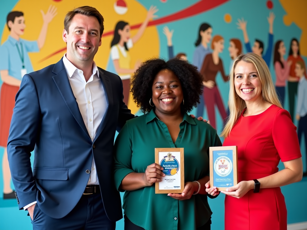 A group photograph of department staff in front of a vibrant mural depicting teamwork and progress, with everyone holding awards for their contributions.