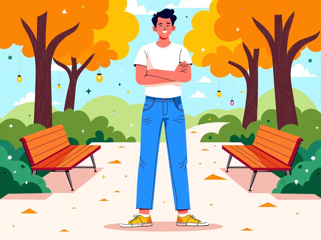  a young man standing in a park with his arms crossed. He is wearing a white t-shirt, blue jeans and yellow sneakers. He has short dark hair and is smiling at the camera. The park is filled with trees with orange and yellow leaves, and there are two wooden benches on either side of the man. The sky is blue with white clouds, and the ground is covered in green grass and yellow triangles. The overall mood of the image is cheerful and relaxed.