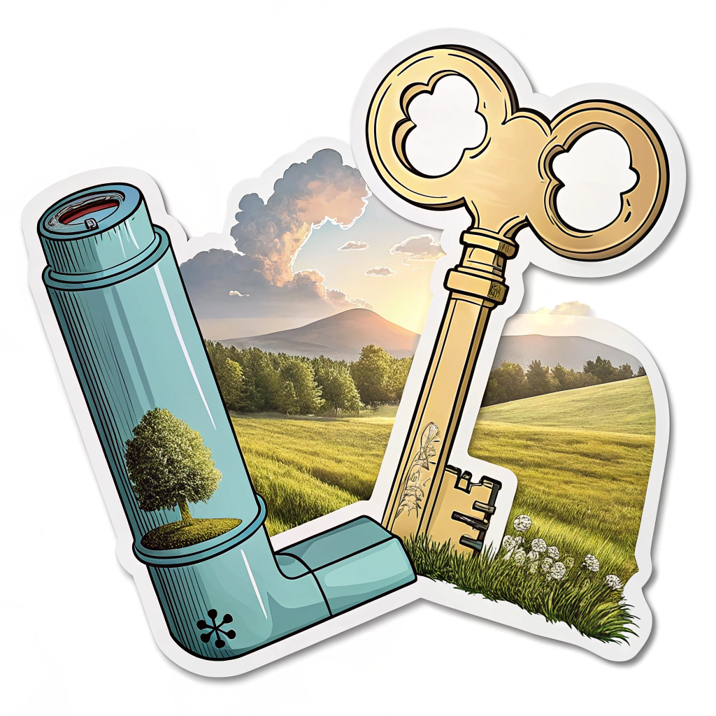 An artistic rendering of an inhaler transformed into a key unlocking a beautiful, airy landscape, representing asthma management as empowerment.