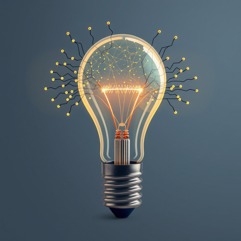 Dynamic Lightbulb Morphing into Neural Network: The upper part of the lightbulb appears to fragment or extend into an interconnected neural network or abstract data streams, while the base retains clear circuit patterns.