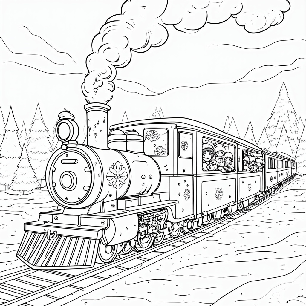 The image shows a sketch of a train on a railway track with a few people inside, surrounded by trees and a sky in the background. There is also a watermark on the image, indicating that it is a free printable Christmas train coloring page.