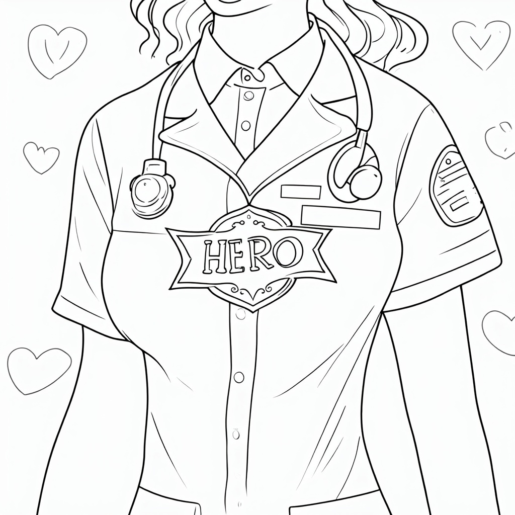 Coloring page featuring a close-up of a nurse's uniform with a prominently displayed, ornate 'HERO' badge. The badge could be shield or star-shaped, with space for custom colors. Background has faint medical icons like stethoscopes or hearts.