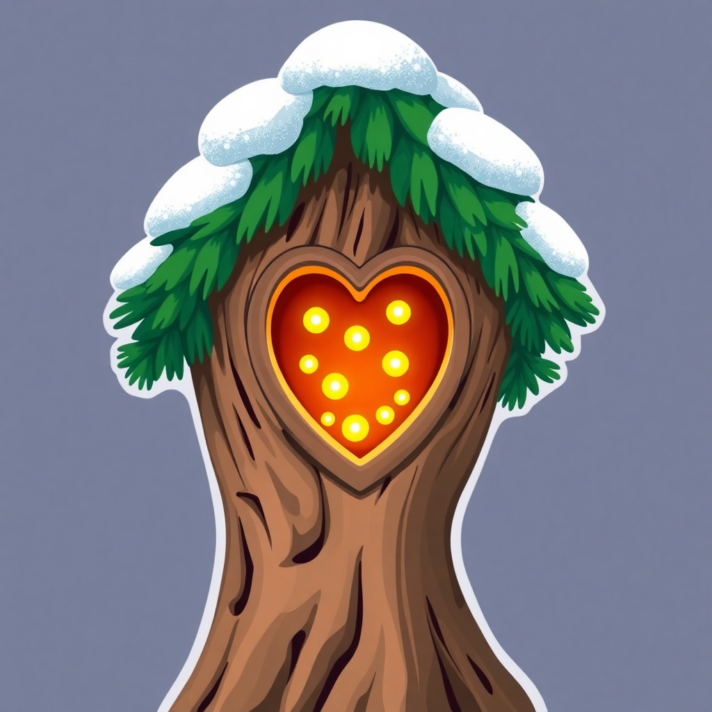 A whimsical pine tree with a crooked trunk and a heart-shaped window, displaying glowing fireflies within.