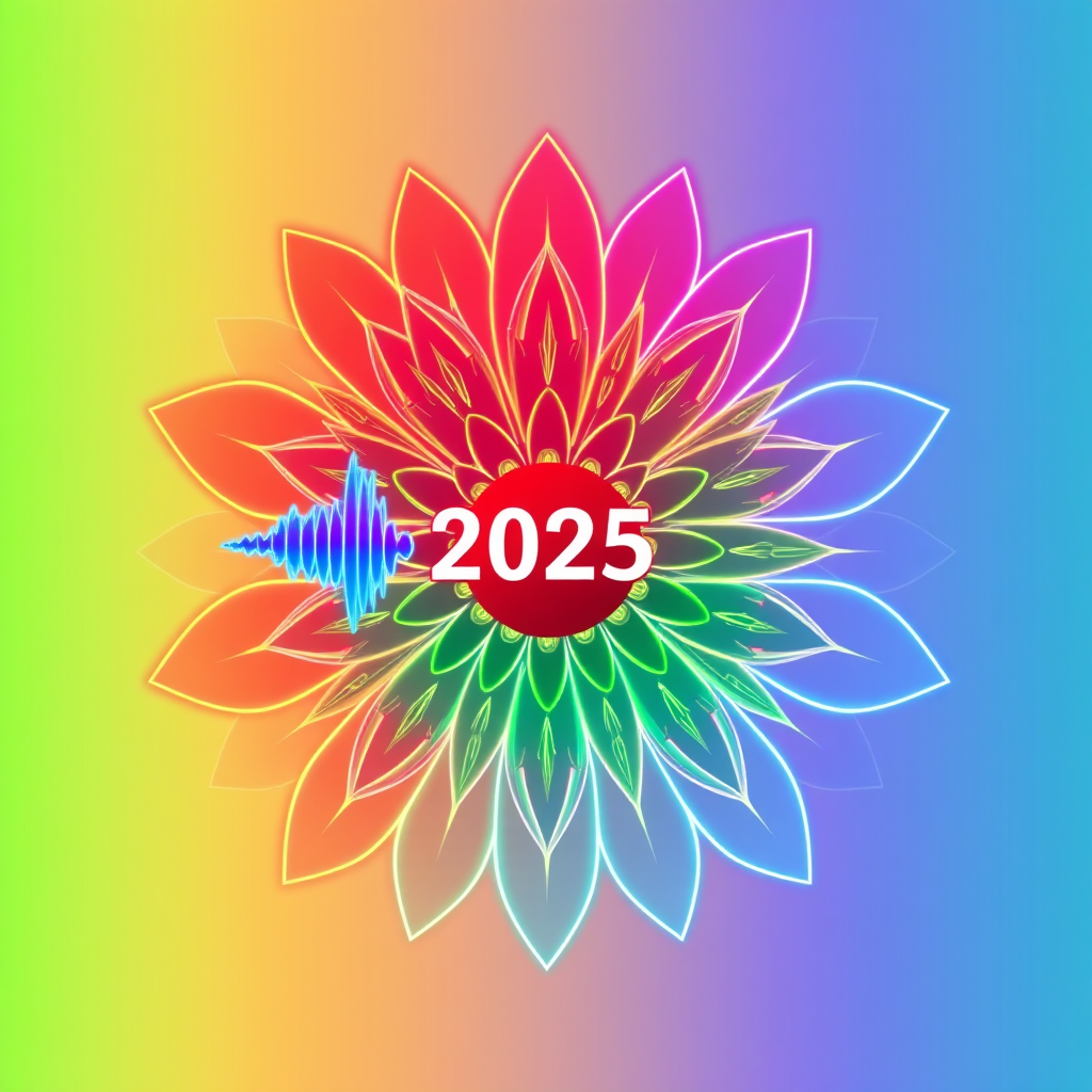 Symbiotic Wave Daisy: Petals of the daisy are formed from interlocking soundwaves and natural vine-like structures, symbolizing the fusion of sound and nature. The '2025' is subtly integrated within the wave patterns. Colors transition from organic greens/blues to vibrant electronic neons.