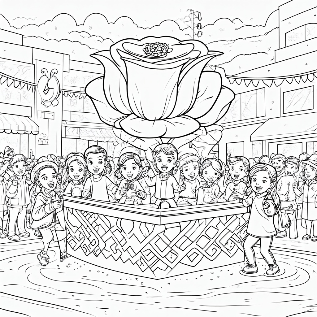 A detailed coloring page of a child-sized float, perhaps shaped like a giant rose, a ladybug, or a miniature Portland landmark, being pulled by a group of enthusiastic children. Emphasize patterns and spaces for vibrant colors.