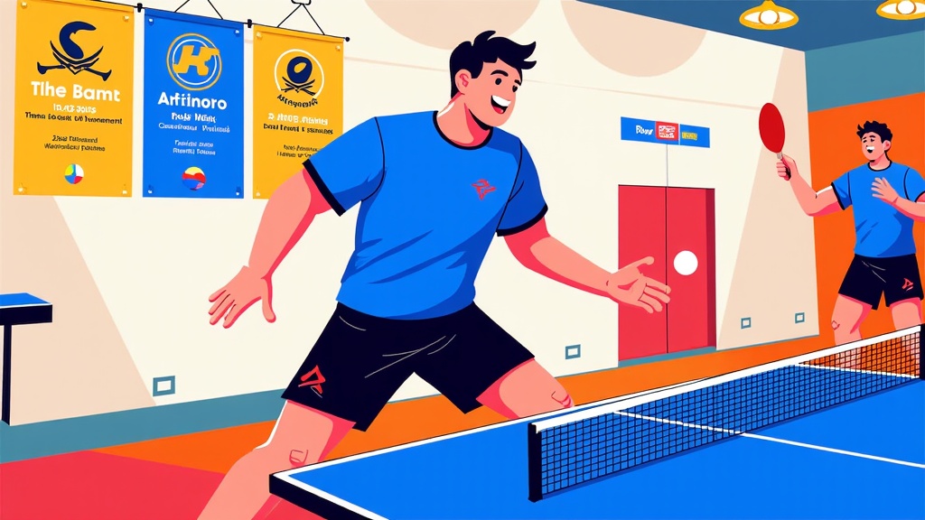  two men playing table tennis in a room with a blue and orange color scheme. The man on the left is wearing a blue t-shirt and black shorts and is holding a red paddle in his right hand. He is in the middle of hitting the ball over the net with his left hand. The other man is standing on the right side of the image and is also holding the paddle. In the background, there are three banners hanging on the wall with the logos of the two companies - The Bant and Artinoro. The room appears to be a ping pong court with a red door and a white wall.