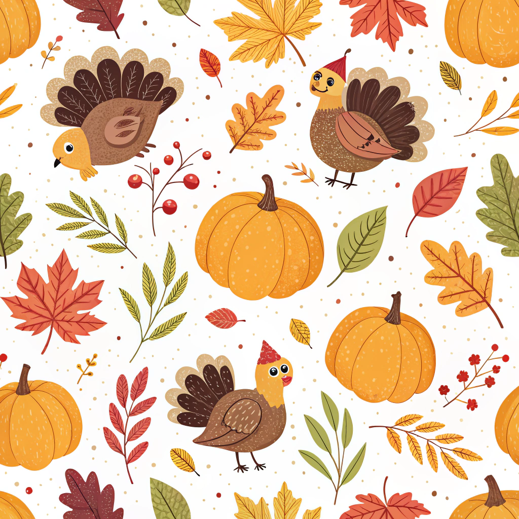 A Thanksgiving pattern with vibrant colors depicting festive fall leaves, cute turkeys, and pattypan squash. Elements are playfully scattered on a snow-white background, enhancing the vividness and excitement associated with Thanksgiving festivities.