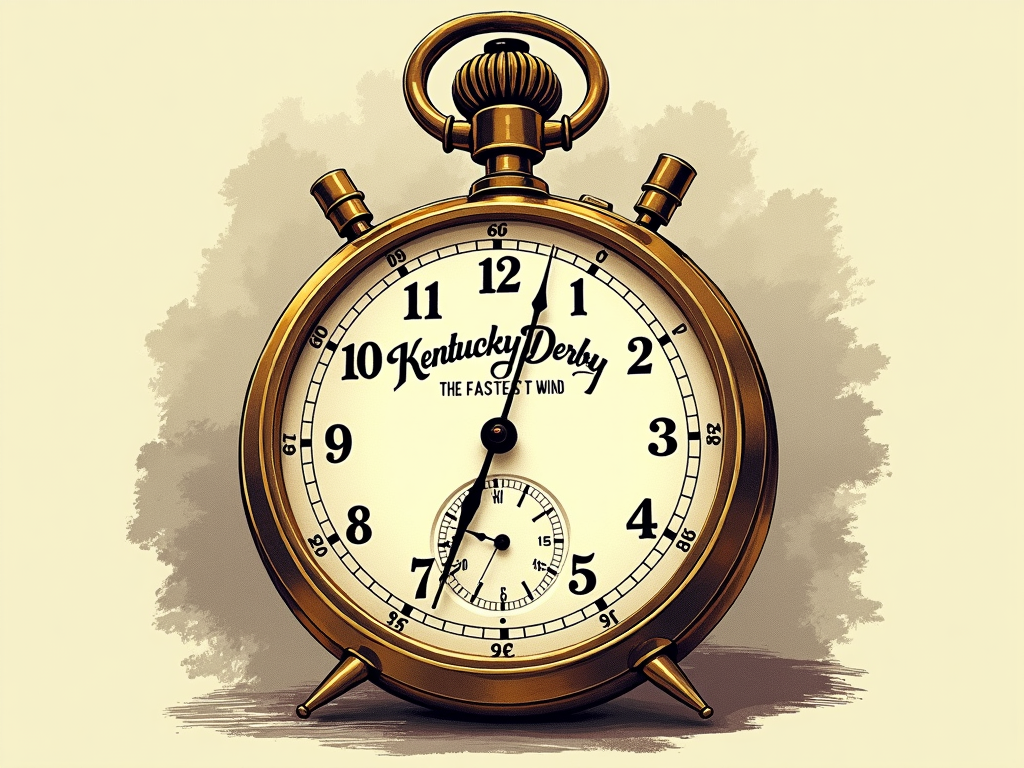 Vintage Stopwatch Detailed: A highly detailed illustration of an antique gold or brass stopwatch. The watch face features 'Kentucky Derby 2025', with 'The Fastest Two Minutes' elegantly scripted around the dial. Hands point close to the 2-minute mark.