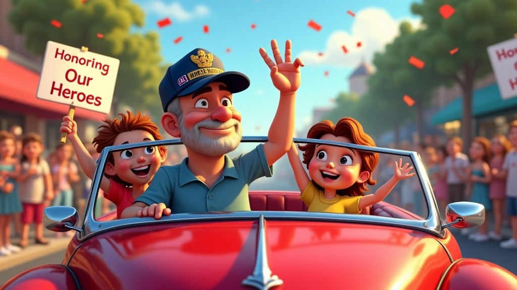 A heartwarming cartoon of a parade where a veteran, donning a cap with service patches, rides in a convertible with children waving from the backseat. Spectators line the streets holding thank you signs. The scene is full of vibrant colors, with confetti falling, and banners reading 'Honoring Our Heroes' flutter in the wind.