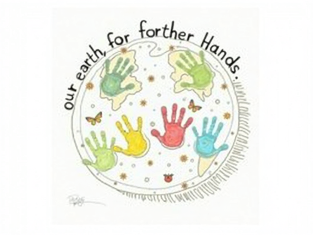 A globe shape made of colorful, overlapping kids' doodle handprints. Small, simple drawings of flowers, bees, and butterflies are scattered around or within the handprints. Text: 'Our Earth, Our Hands' in a cute, uneven doodle style.