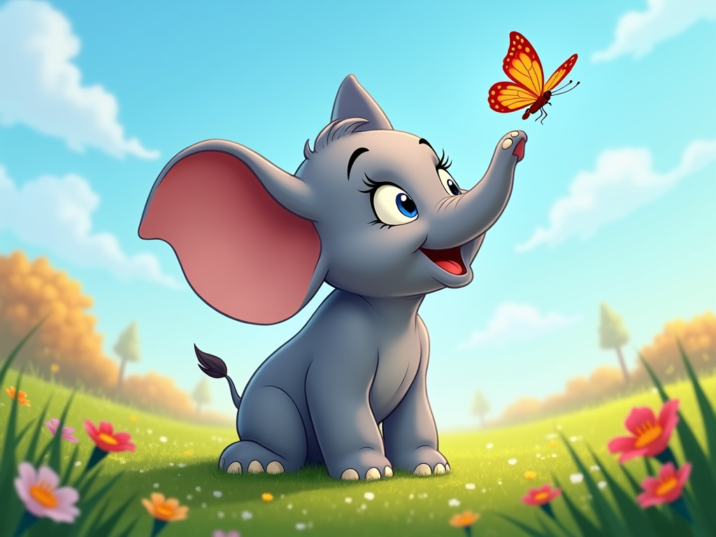 An animated baby elephant, with short tusks, playing with a butterfly in a vibrant green meadow.