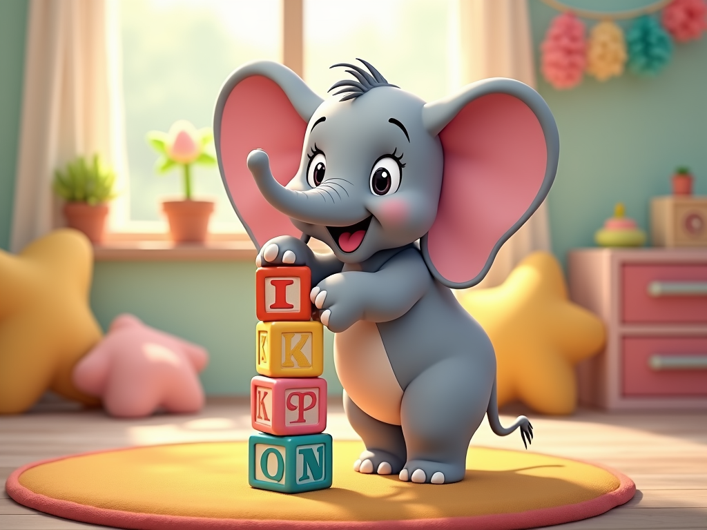 A cute, stylized elephant balancing a tower of alphabet blocks, each with a different letter, showcasing a learning-through-play concept.