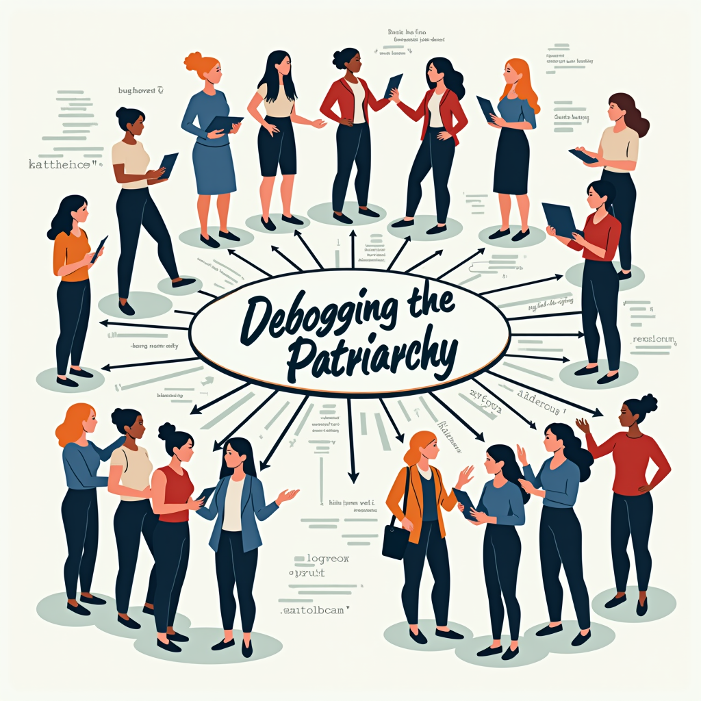 Collaborative Coding Flowchart Theme: A T-shirt design depicting a stylized flowchart. The chart shows diverse female figures or symbols representing 'Women in Tech' collaborating, with paths made of code lines leading to a 'bug fixed' or 'system corrected' state for 'Patriarchy.' The phrase 'Debugging the Patriarchy' acts as the title or main process description.