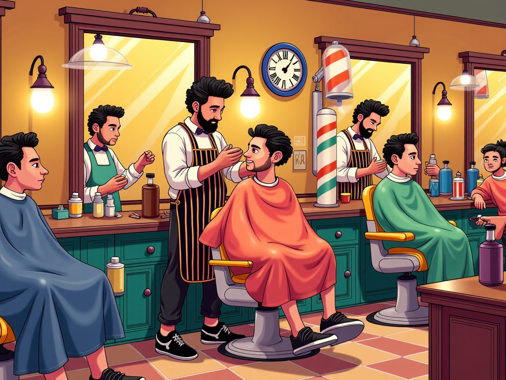 The image is an illustration of a barber shop. There are six people in the image, all dressed in barber attire. The barber is standing behind the counter, holding a pair of scissors and cutting the hair of a young man who is sitting in a chair. The young man is wearing a red cape and has a beard. He is getting his hair cut by the barber.  On the left side of the countertop, there is a young boy sitting in the chair with a blue cape over his head. On the right side, there are two young men sitting in chairs with their hair cut. They are both wearing aprons and appear to be in the process of cutting the young man's hair. In the background, two barbers are standing behind a counter with various barber tools and supplies. There is a large mirror on the wall and a clock hanging above the counter. The overall color scheme of the image is bright and cheerful.