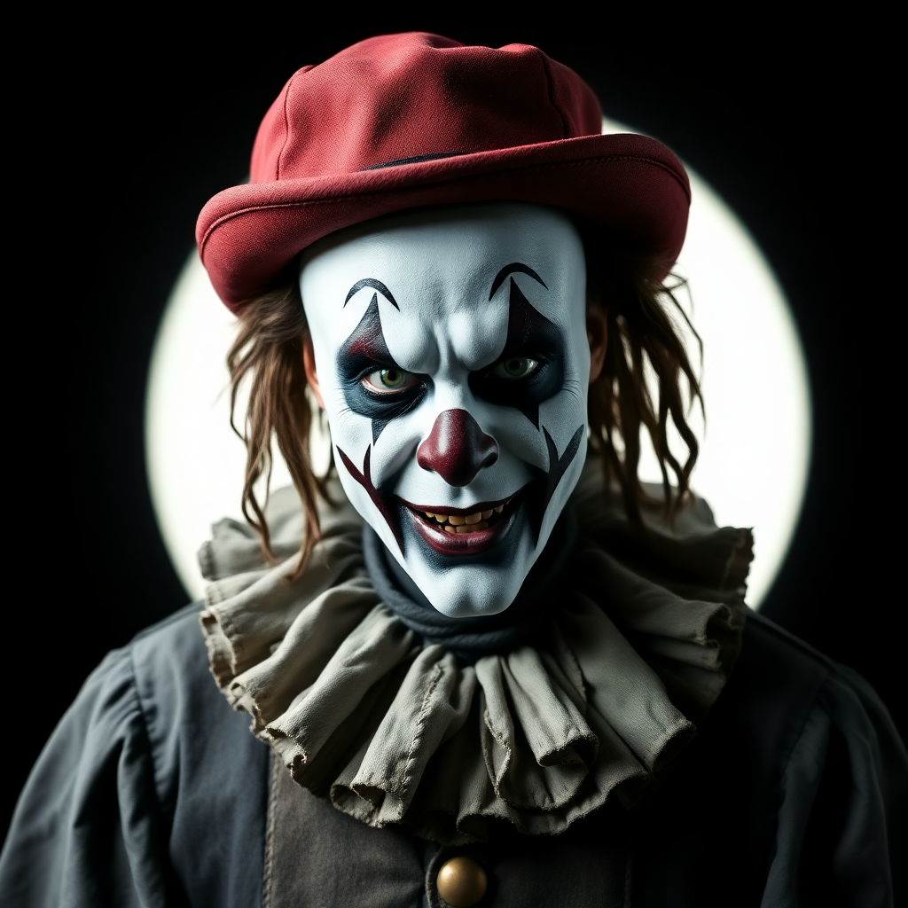 A spooky rodeo clown character with a pale face, dark makeup, and tattered clothing, incorporating elements of horror and mystery for a more adult or thrilling performance, possibly featuring unsettling props and illusions.