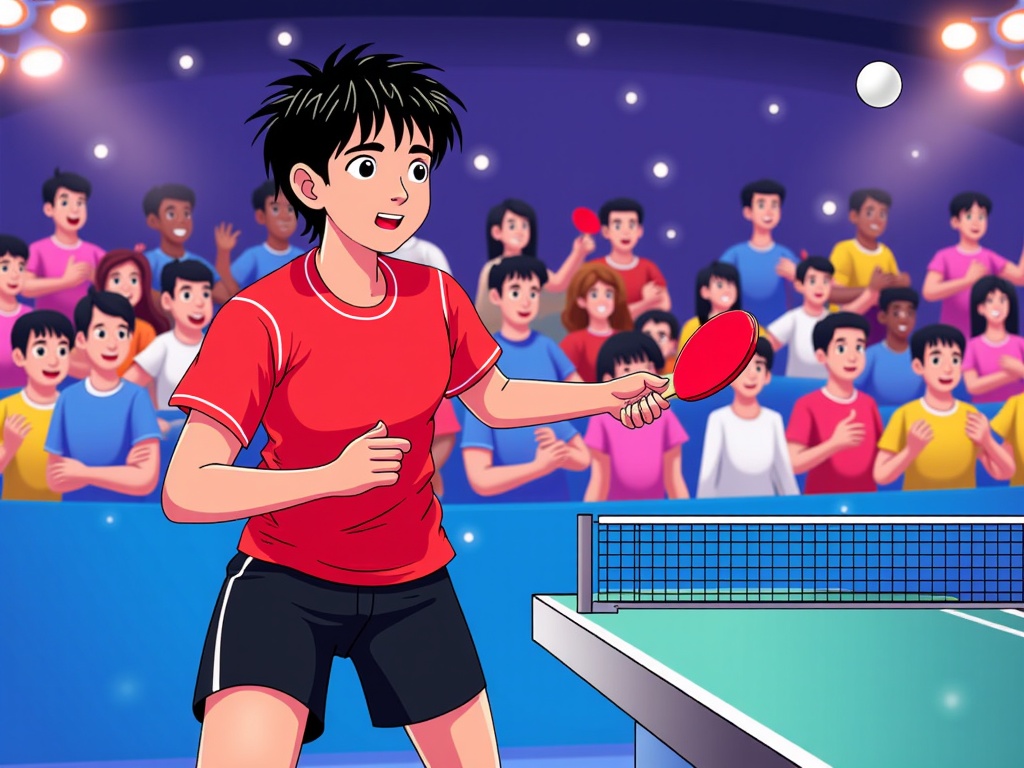  a young man playing table tennis in front of a large crowd of people. The man is wearing a red t-shirt and black shorts and is holding a red paddle in his right hand. He is standing on the left side of the image and is in the middle of hitting the ball over the net. The crowd is standing behind the table tennis table and is cheering and clapping. The background is a blue wall with spotlights shining down on the scene. The people in the crowd are of different ages and genders, and they are all smiling and appear to be enjoying the game.