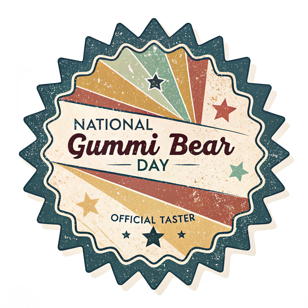 Sub-design idea 4: A retro-styled badge sticker with a distressed texture. Use vintage fonts and a color palette of faded primary colors. The design could feature a starburst background with 'National Gummi Bear Day' and 'Official Taster' layered within.