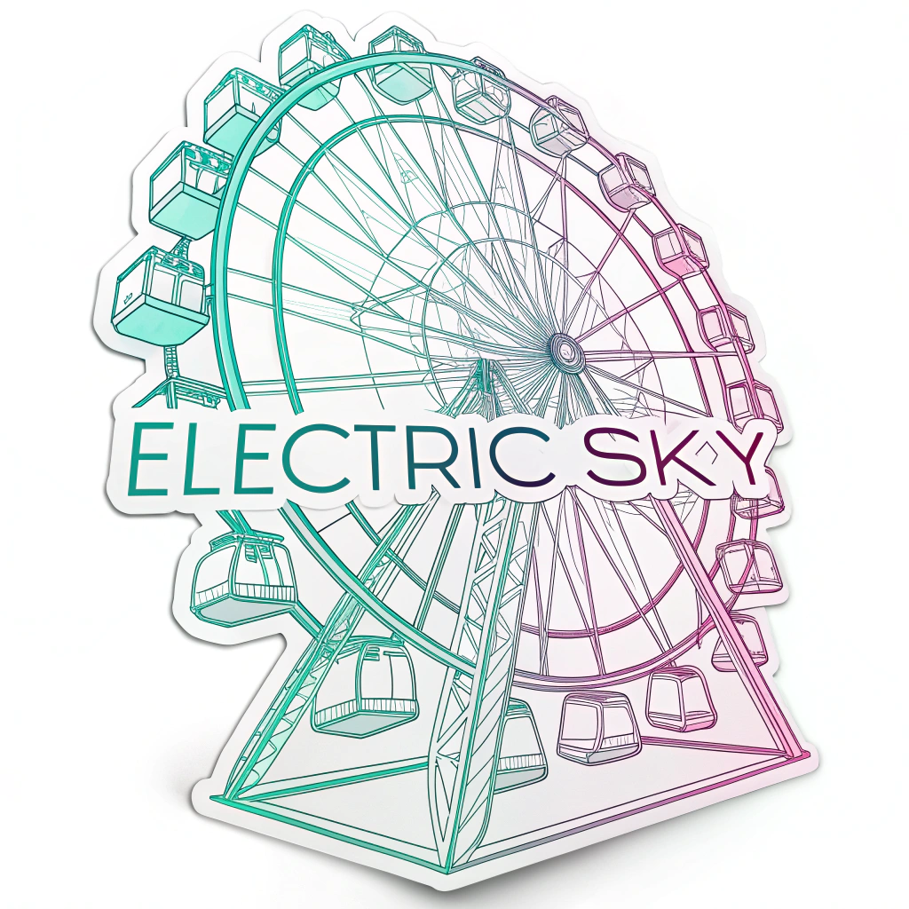 Minimalist Neon Glow: A clean, minimalist outline of the Electric Sky Ferris wheel in a single, bright neon color (e.g., cyan, magenta, or lime green) designed to appear as if it's glowing. Set against a matte black or deep indigo background. The text 'Electric Sky' is integrated subtly in a sleek, futuristic sans-serif font.