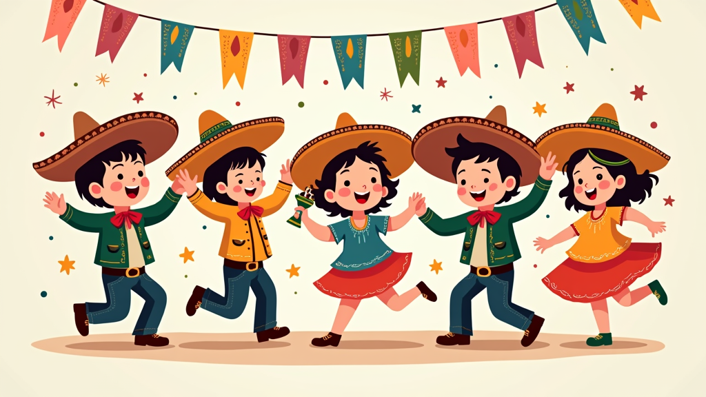 A group of adorable cartoon children depicted in simplified, vibrant traditional Mexican attire (like charro suits and folklorico dresses) performing a joyful dance or celebrating with small instruments.