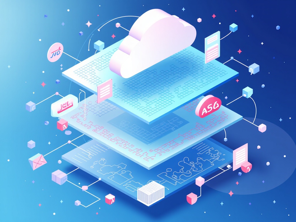 Layered Logic Schematics: Depict cloud architecture through translucent, overlapping planes or layers, suggesting different levels of infrastructure or service stacks. Abstracted patterns or simplified, stylized flow-chart elements are embedded within or move across these layers, representing logical operations or data transformations driven by code.