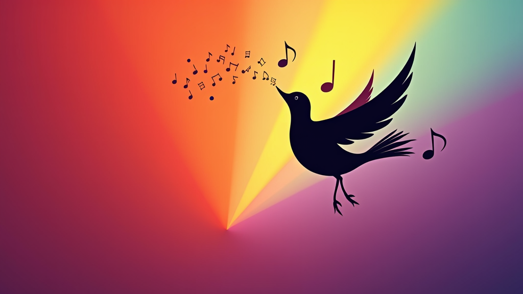 A silhouette of a bird against a rainbow gradient background, with musical notes flowing from its beak.