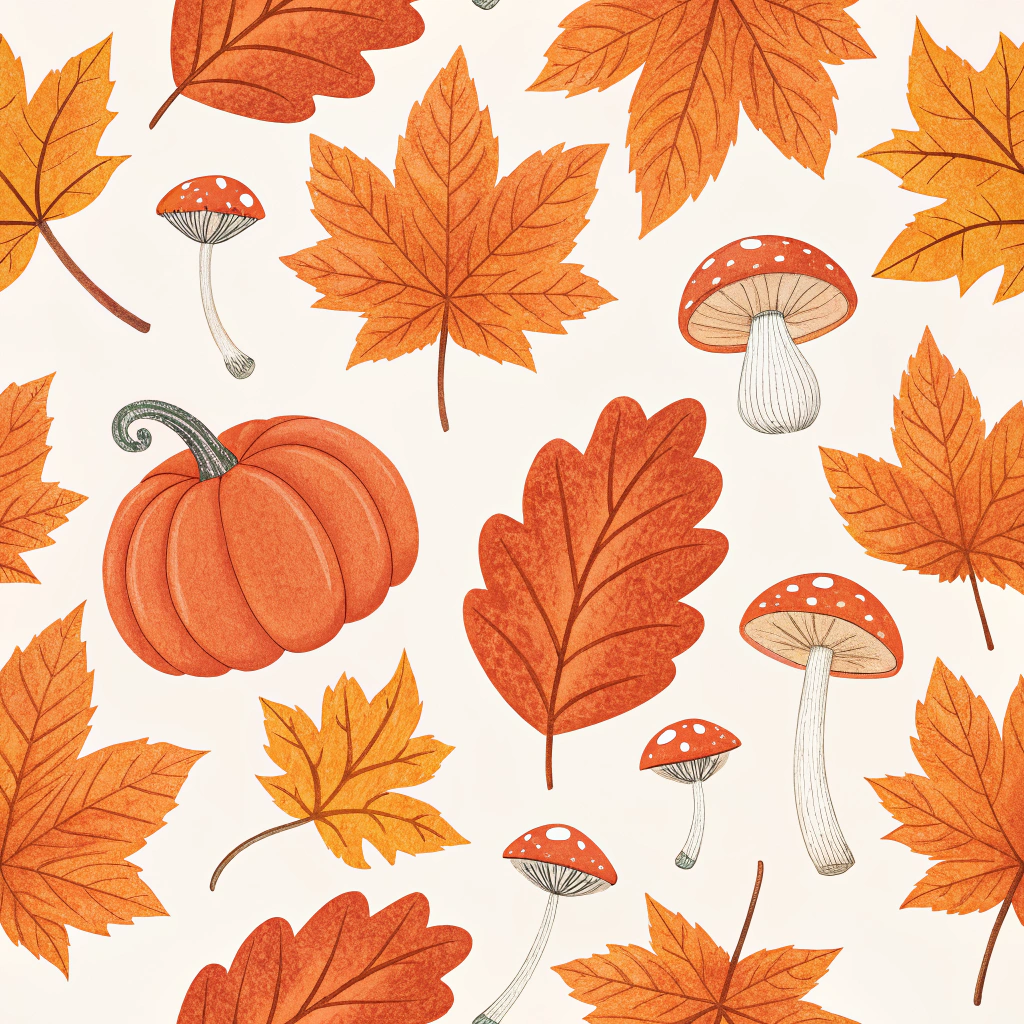 A playful pattern of bright orange pumpkin leaves with tiny, delicate mushrooms peeking out between them.