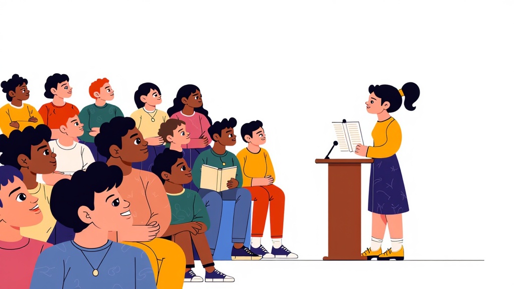 A wider view showing a diverse and attentive audience (various ages, backgrounds) looking up at a poet standing confidently at a lectern on a simple stage.